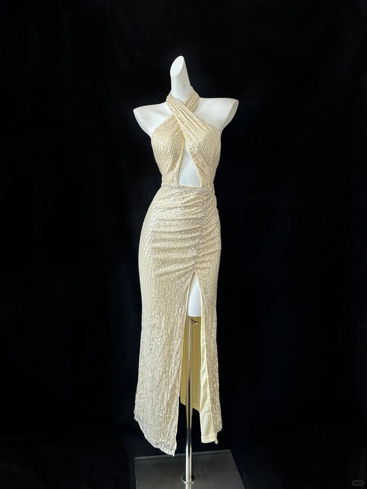Robe de soirée longue élégante à paillettes dorées gh4477