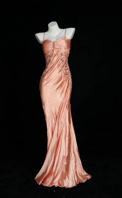 Light Pink Spaghetti Strap Fitted Waist Slim Satin Prom Dress, Evening Party Gown gh7312
