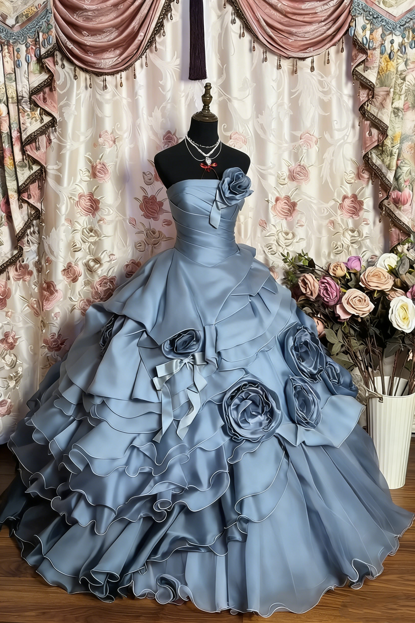 Red Vintage Floral Beaded Long Tulle Ball Gown gh4950