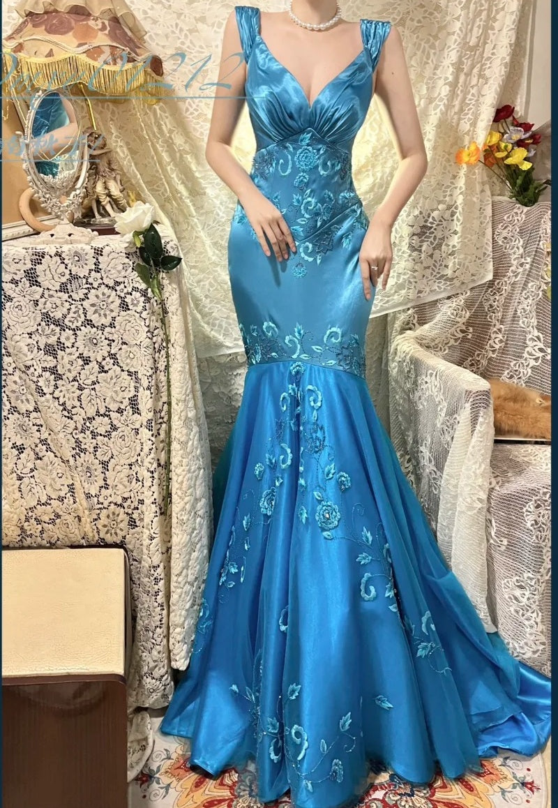 Blaues Blumenkleid, elegantes langes Satin-Ballkleid, Abendkleid, Partykleid, Brautjungfernkleider gh4464