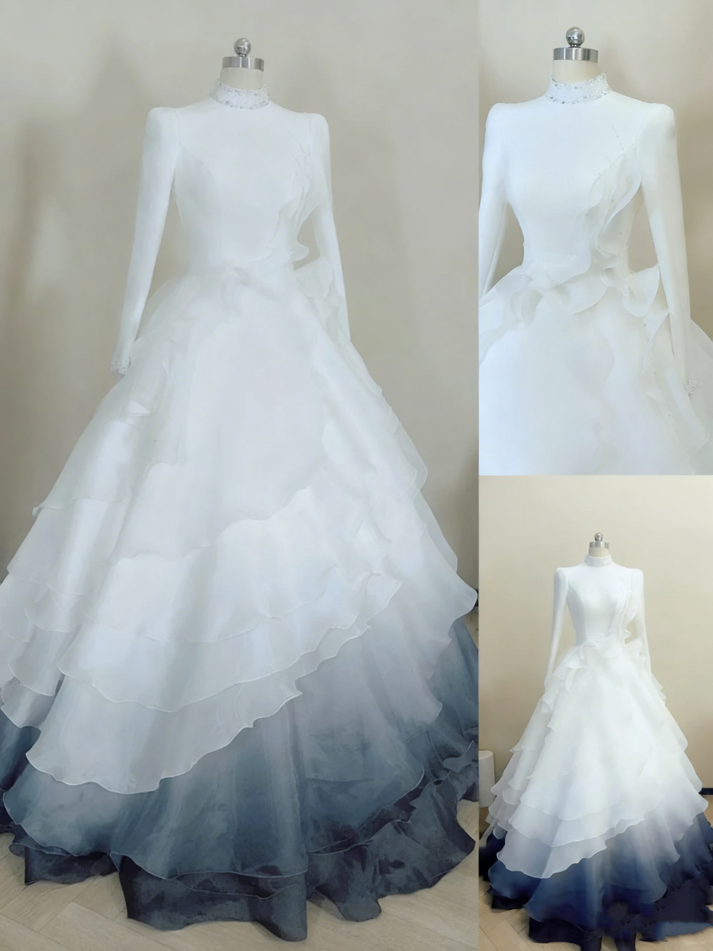 Robe de soirée blanche et bleue à dégradé de tulle, col montant, manches longues et traîne à volants, robe de mariée gh6390