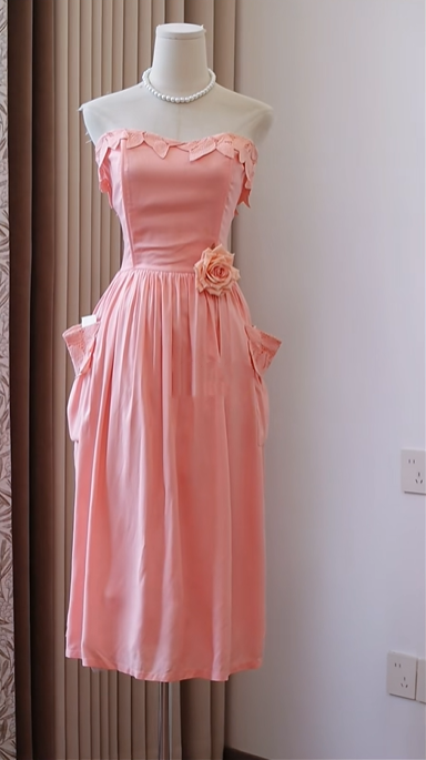 Blush Peach Strapless Vintage Homecoming Dress Petal Lace Neckline A-Line Tea Length Formal Party Gown with Pockets gh9451
