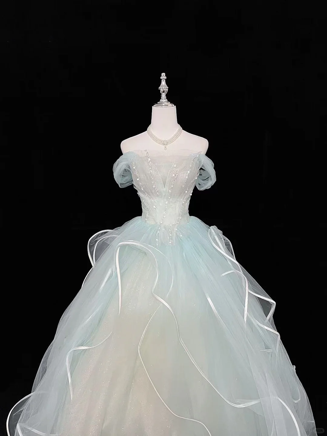Light Mint Green Off-the-Shoulder Cinched Waist Voluminous Princess Skirt Romantic Dress, Wedding Gown gh7955