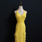 Yellow Halter Neck Elegant Long Romantic Gown, Beaded Embellishment, Fitted Waist & Slim Fit, Wedding Dress & Bridal Gown gh8175