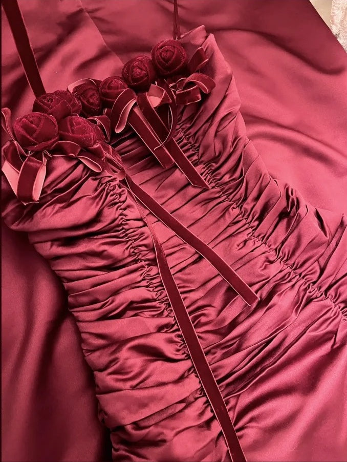 Burgunderrotes Vintage-Blumenkleid, lang, Satin, Ballkleid, Geburtstagspartykleid, Abendkleid, gh4412