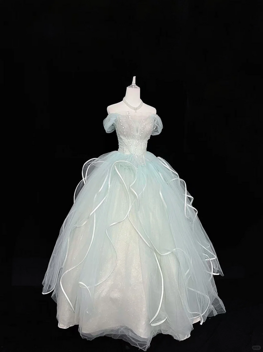 Light Mint Green Off-the-Shoulder Cinched Waist Voluminous Princess Skirt Romantic Dress, Wedding Gown gh7955