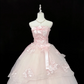 Blush Pink Strapless Embroidered Print Cinched Waist Voluminous Skirt Romantic Dress, Wedding Gown gh7915