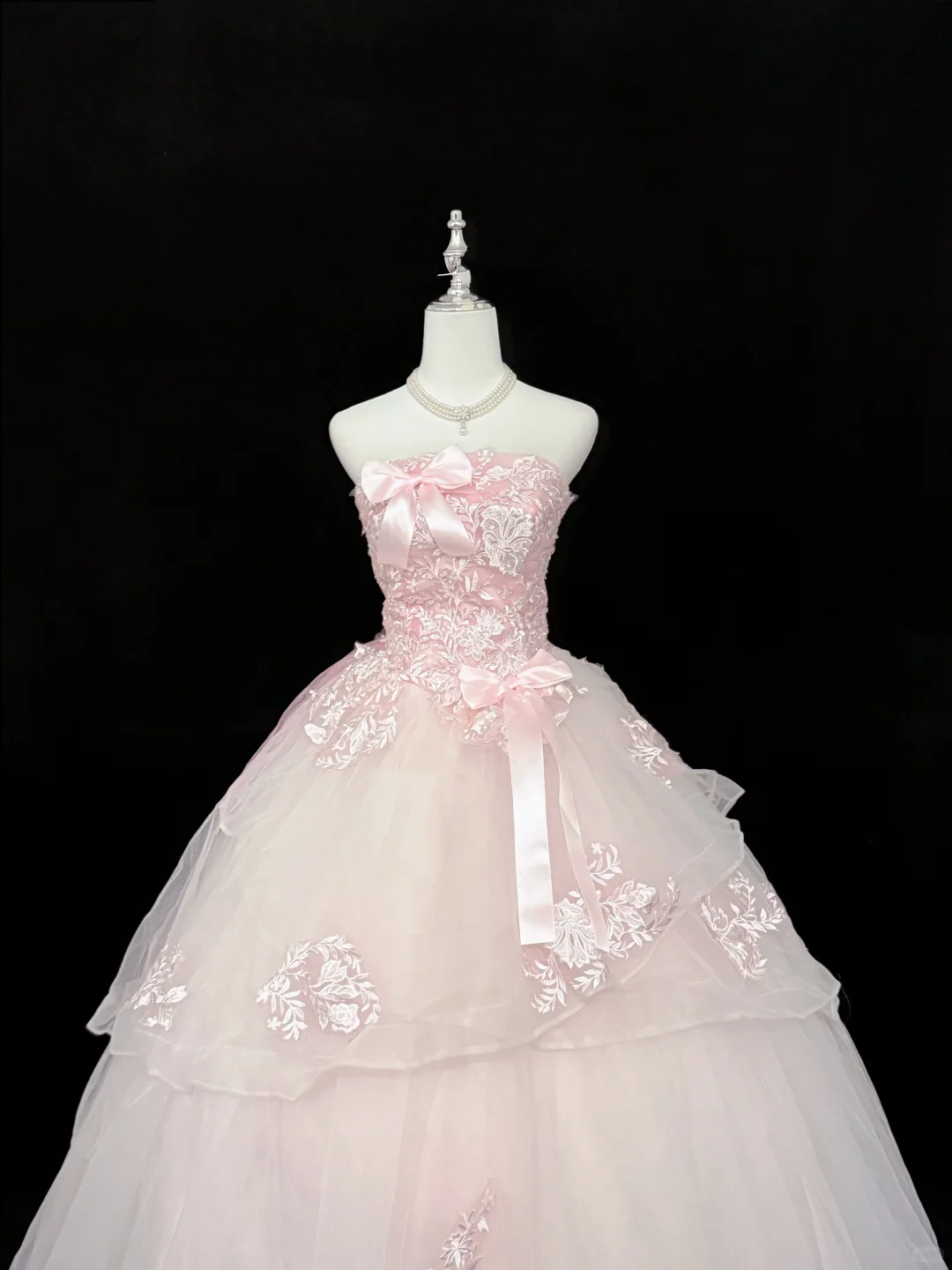 Blush Pink Strapless Embroidered Print Cinched Waist Voluminous Skirt Romantic Dress, Wedding Gown gh7915