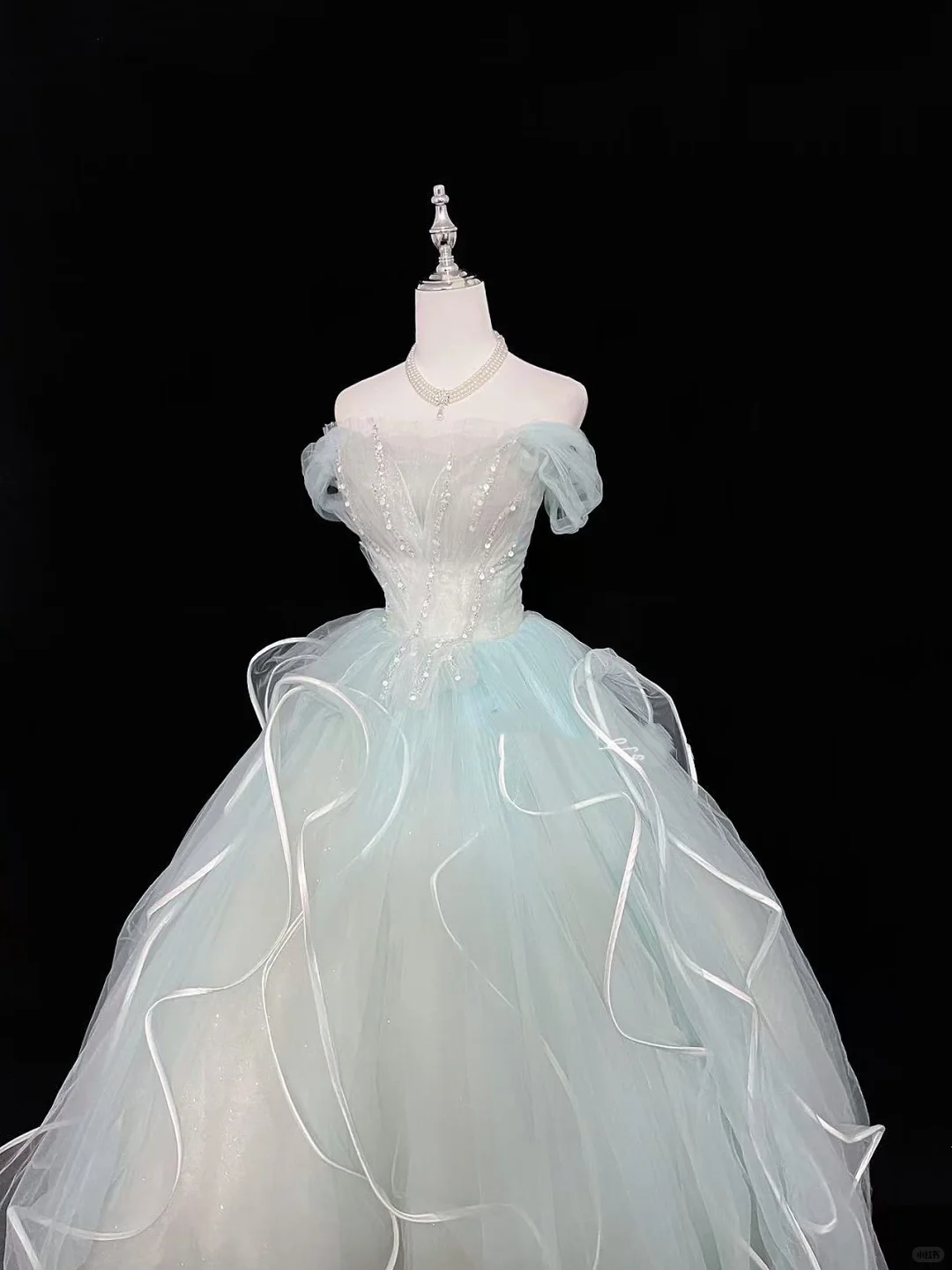 Light Mint Green Off-the-Shoulder Cinched Waist Voluminous Princess Skirt Romantic Dress, Wedding Gown gh7955