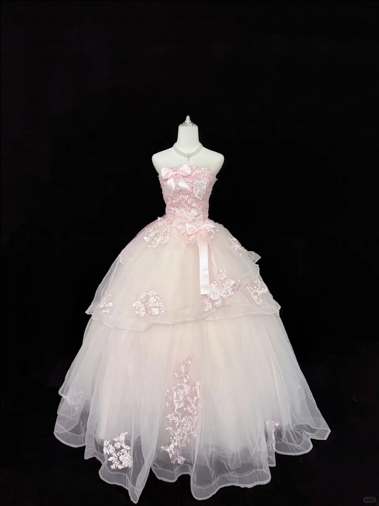 Blush Pink Strapless Embroidered Print Cinched Waist Voluminous Skirt Romantic Dress, Wedding Gown gh7915