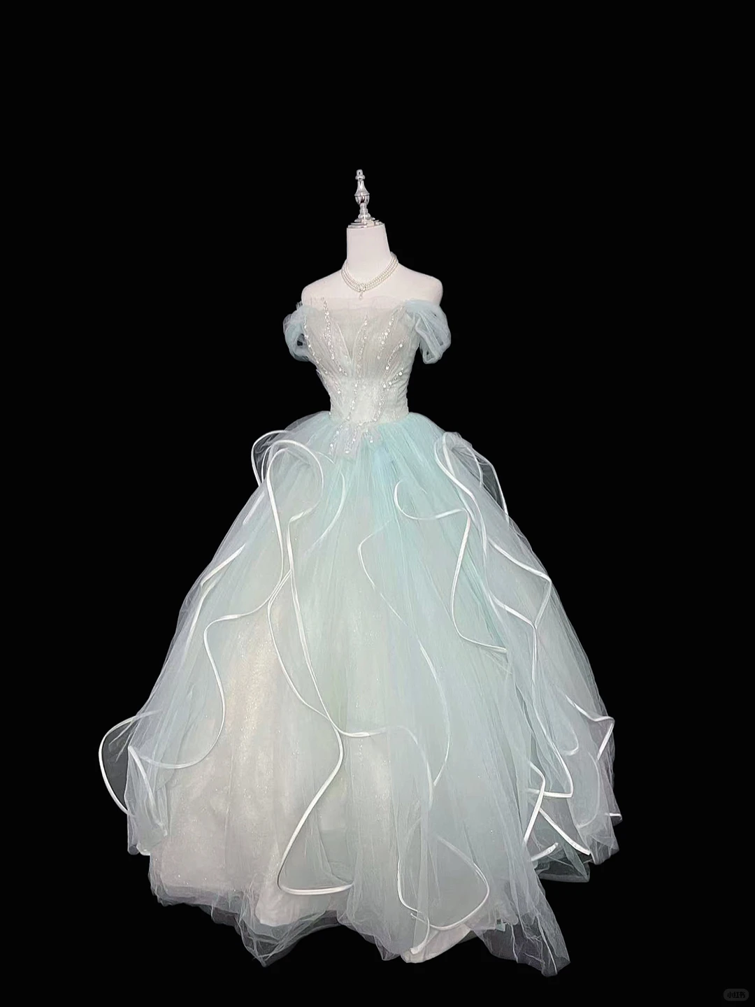 Light Mint Green Off-the-Shoulder Cinched Waist Voluminous Princess Skirt Romantic Dress, Wedding Gown gh7955