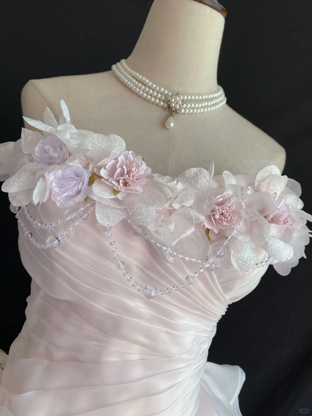 Blush Pink Strapless Long Fairy Romantic Gown With Floral Appliqués, Cinched Waist And Voluminous Princess Skirt, Wedding Dress & Bridal Gown gh8266