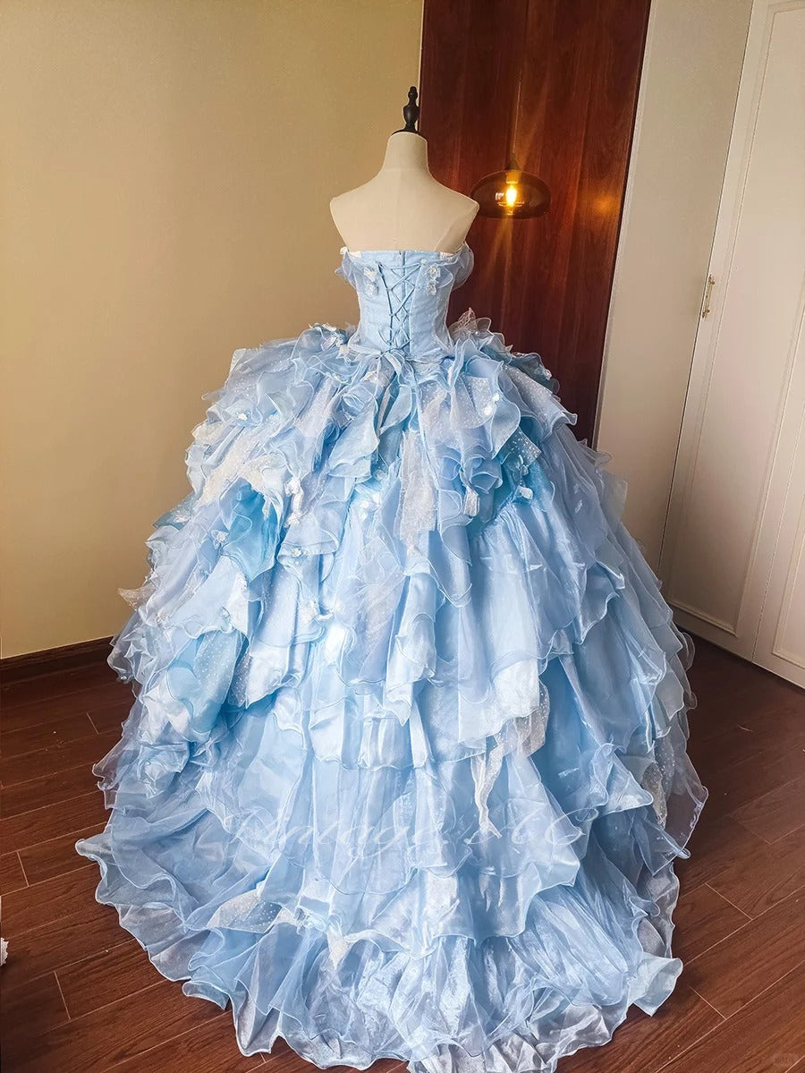Girlhomeshops-Blue Floral Tulle Floor-Length Ball Gown gh5299