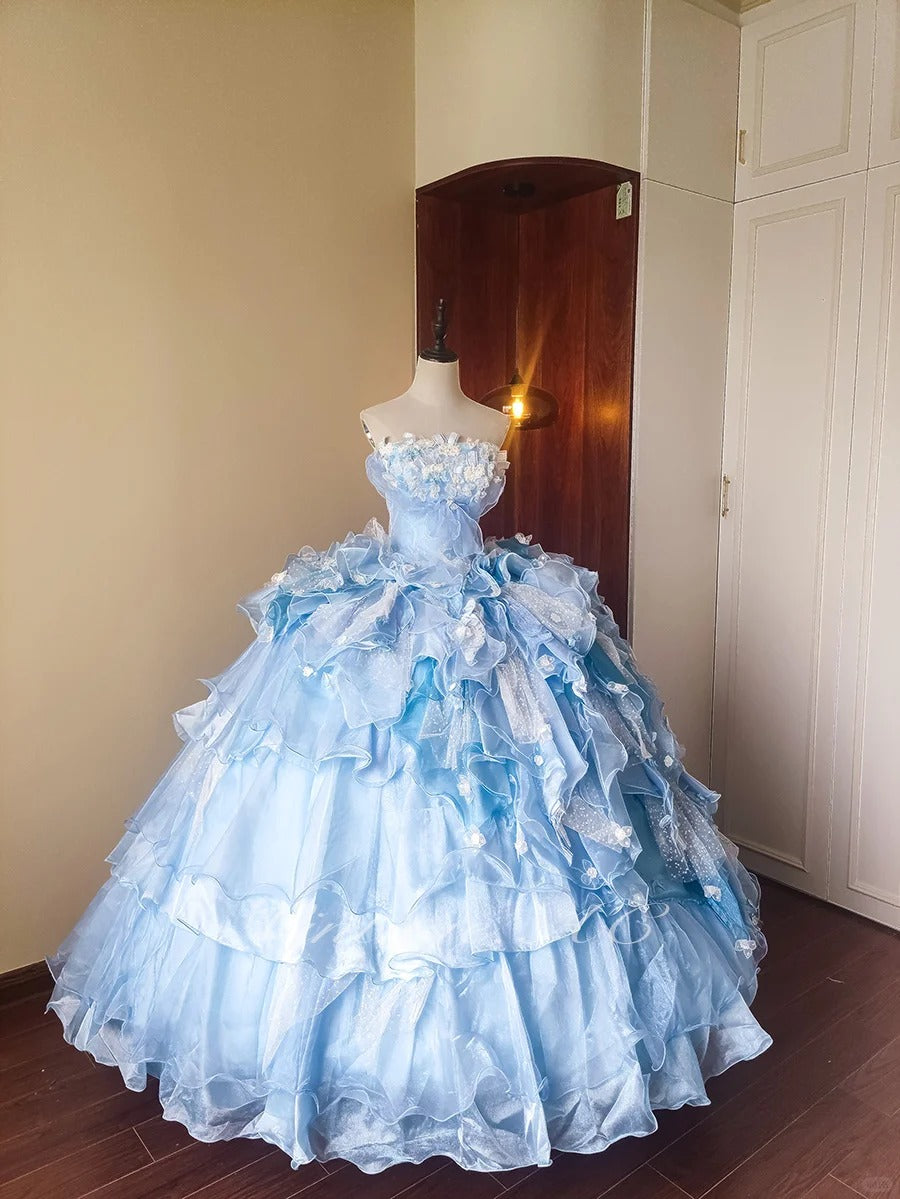 Girlhomeshops-Blue Floral Tulle Floor-Length Ball Gown gh5299