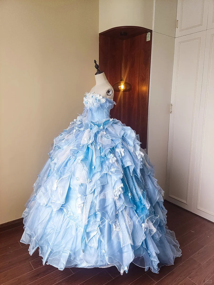 Girlhomeshops-Blue Floral Tulle Floor-Length Ball Gown gh5299