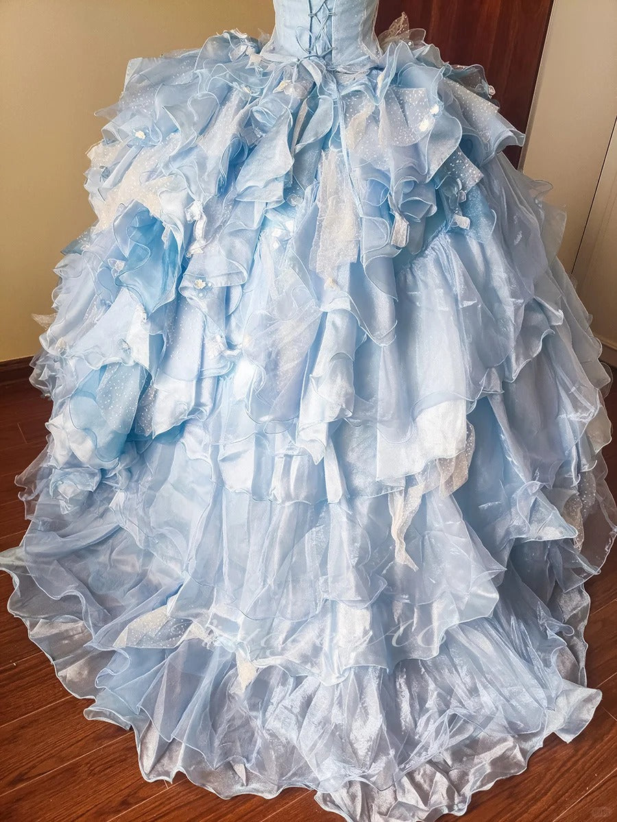 Girlhomeshops-Blue Floral Tulle Floor-Length Ball Gown gh5299