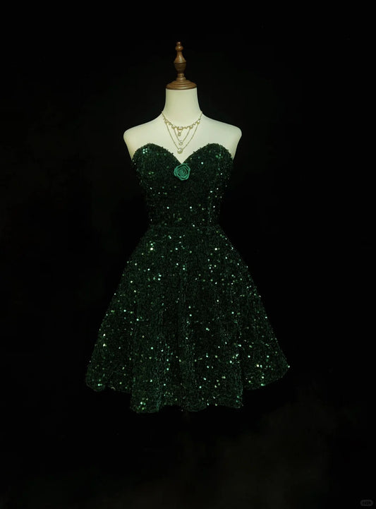 Grünes glänzendes Prinzessinnen-Pailletten-Kurzes Retro-Mode-Heimkehrkleid-Abschlussballkleid-Abendkleid gh4368