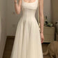 White Square Neck Spaghetti Strap Satin Tulle - Minimalist Elegant Bridesmaid/Date/Light Evening Midi Gown gh6981