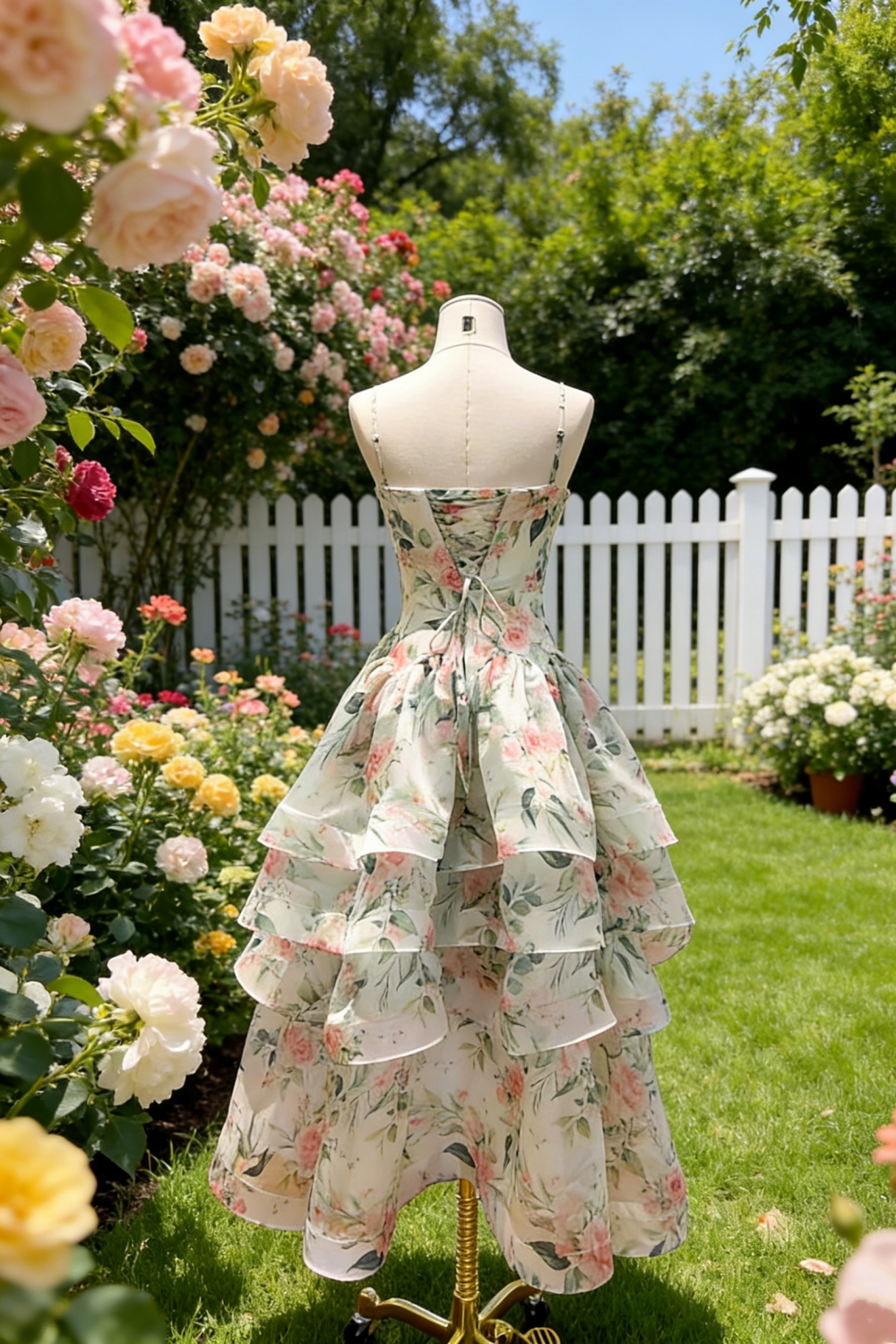 Robe en organza à imprimé floral rose et vert à volants - Robe printanière style frais gh6966