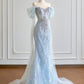 Girlhomeshops – Wunderschönes, blaues, exquisites, langes, mit Perlen besetztes Tüll-Ballkleid gh5485