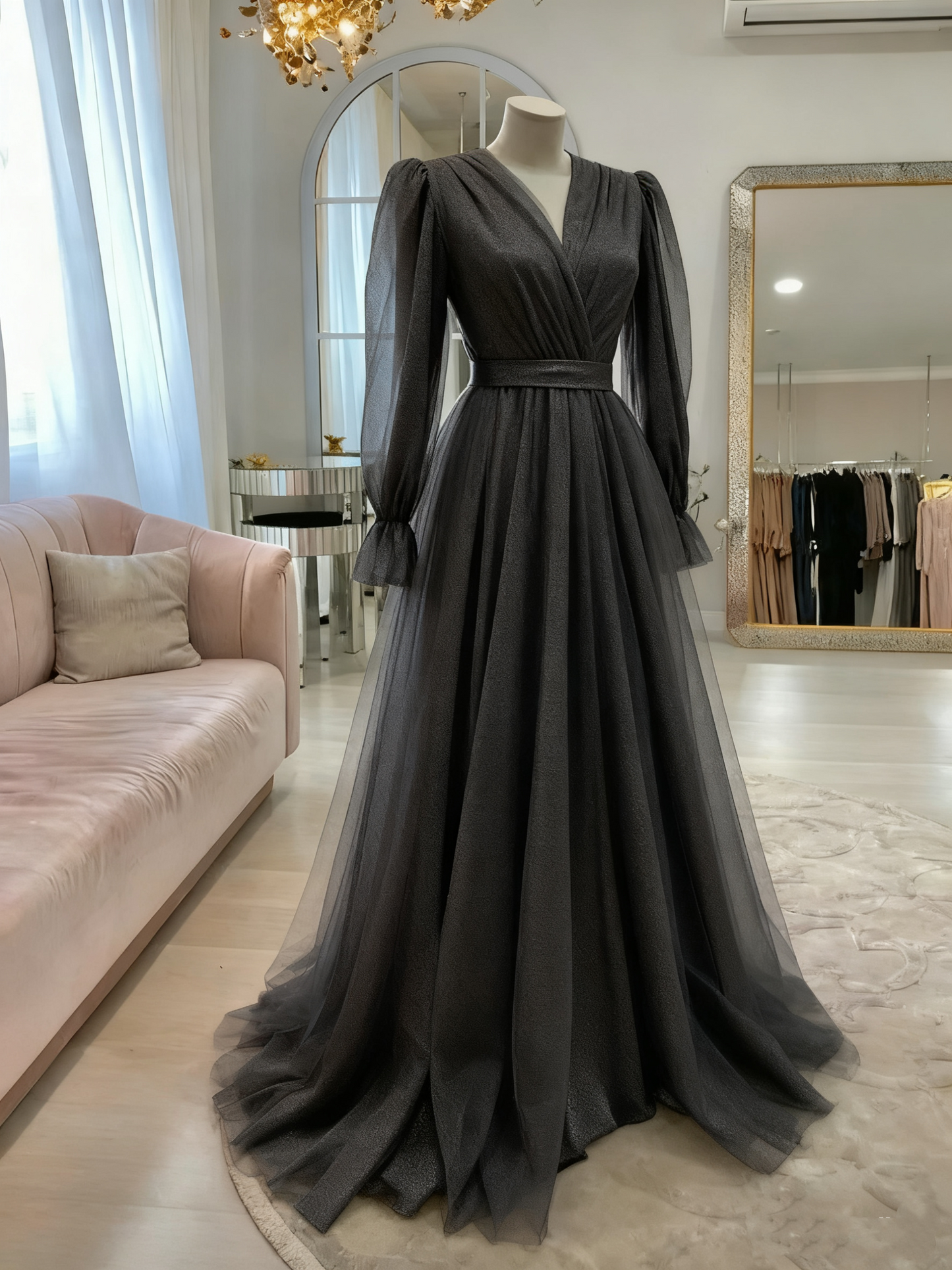 Robe de soirée longue en tulle rose de haute qualité, simple et élégante, à manches longues, robe de bal, robe de mariée, robe d'invitée, robe de gala Gh2215