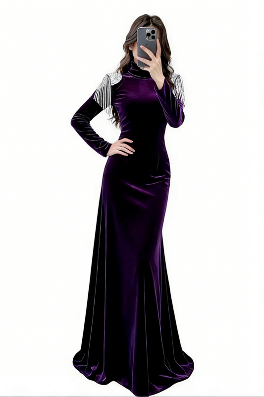 Robe longue moulante en velours à franges de cristaux - Col montant, manches longues, robe de soirée tendance gh6972