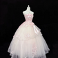 Blush Pink Strapless Embroidered Print Cinched Waist Voluminous Skirt Romantic Dress, Wedding Gown gh7915