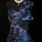 girlhomeshops - Robe de soirée longue en satin bleu marine à fines bretelles et sequins ornée d'un grand nœud (gh6305)