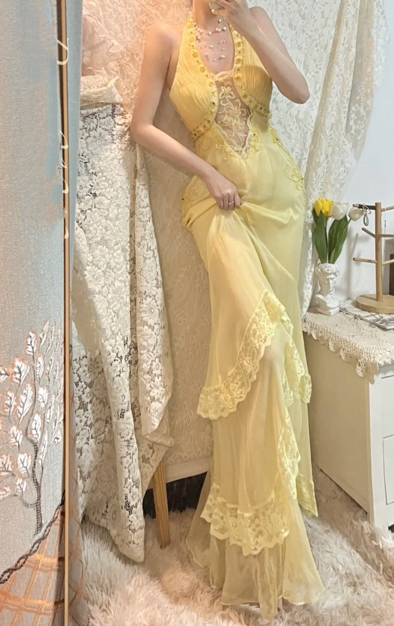 Gelbes, perlenbesetztes, elegantes, langes Chiffon-Ballkleid, Abendkleid, Partykleid gh4467