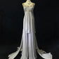 White Vintage Ancient Greek Goddess Gorgeous Sparkling Elegant Exquisite Gold Rhinestone Beads Tulle Long Mermaid Floor Length Trail Slim Fairy Ball Gown Evening Gown Party Dress Prom Gown gh3852