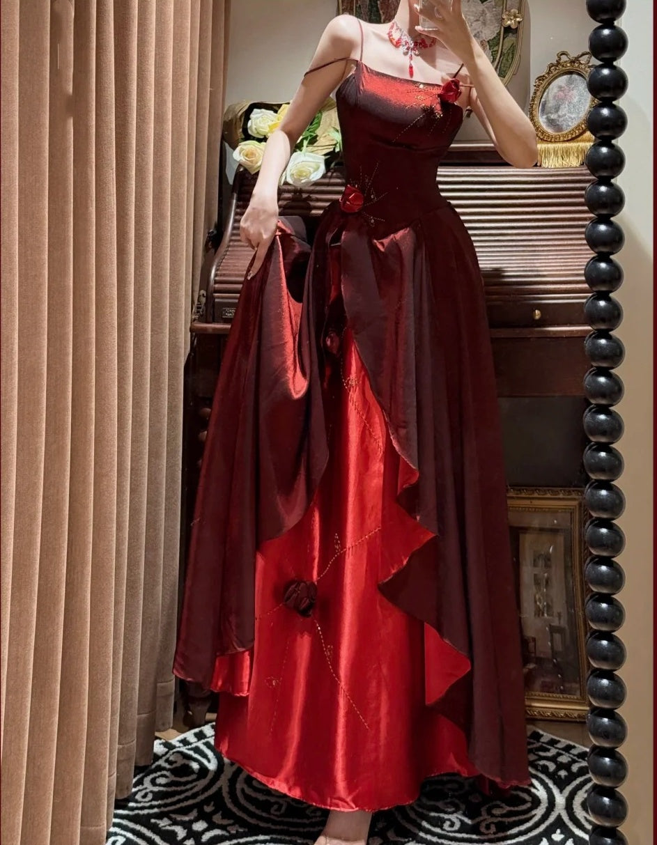 Robe de soirée longue en satin et tulle à fleurs, tenue de bal, de remise de diplôme, bordeaux, exquise, perlée, gh4255