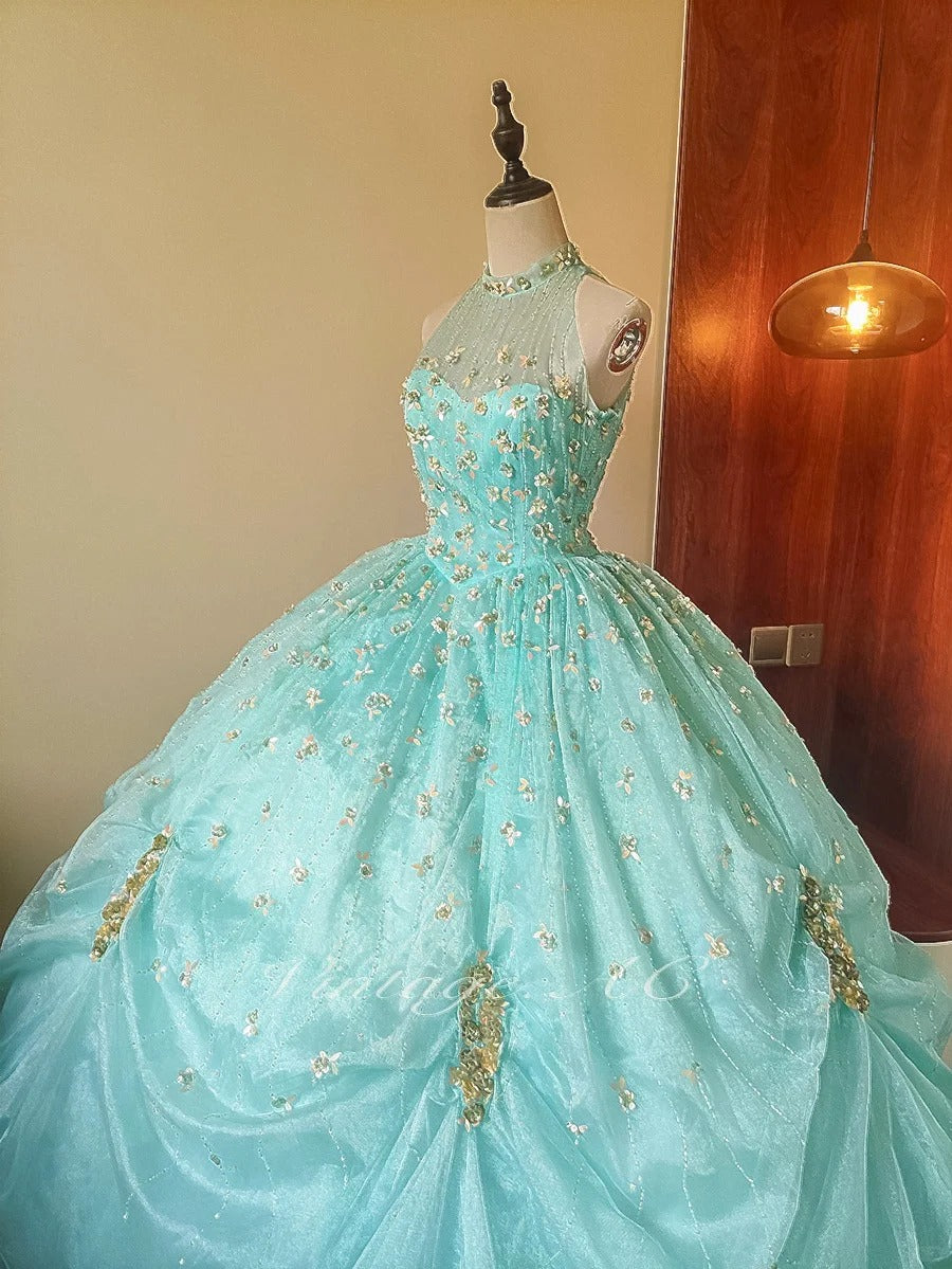 Girlhomeshops - Robe de bal longue en tulle vert menthe à paillettes et perles florales, longueur au sol, gh5300