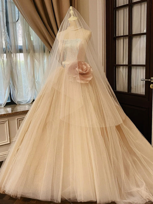Girlhomeshops-👑Trägerloses, champagnerfarbenes Tüllkleid im Prinzessinnenstil mit dreidimensionalen Blumen, süßes, langes Tüll-Brautkleid, Ballkleid gh5439