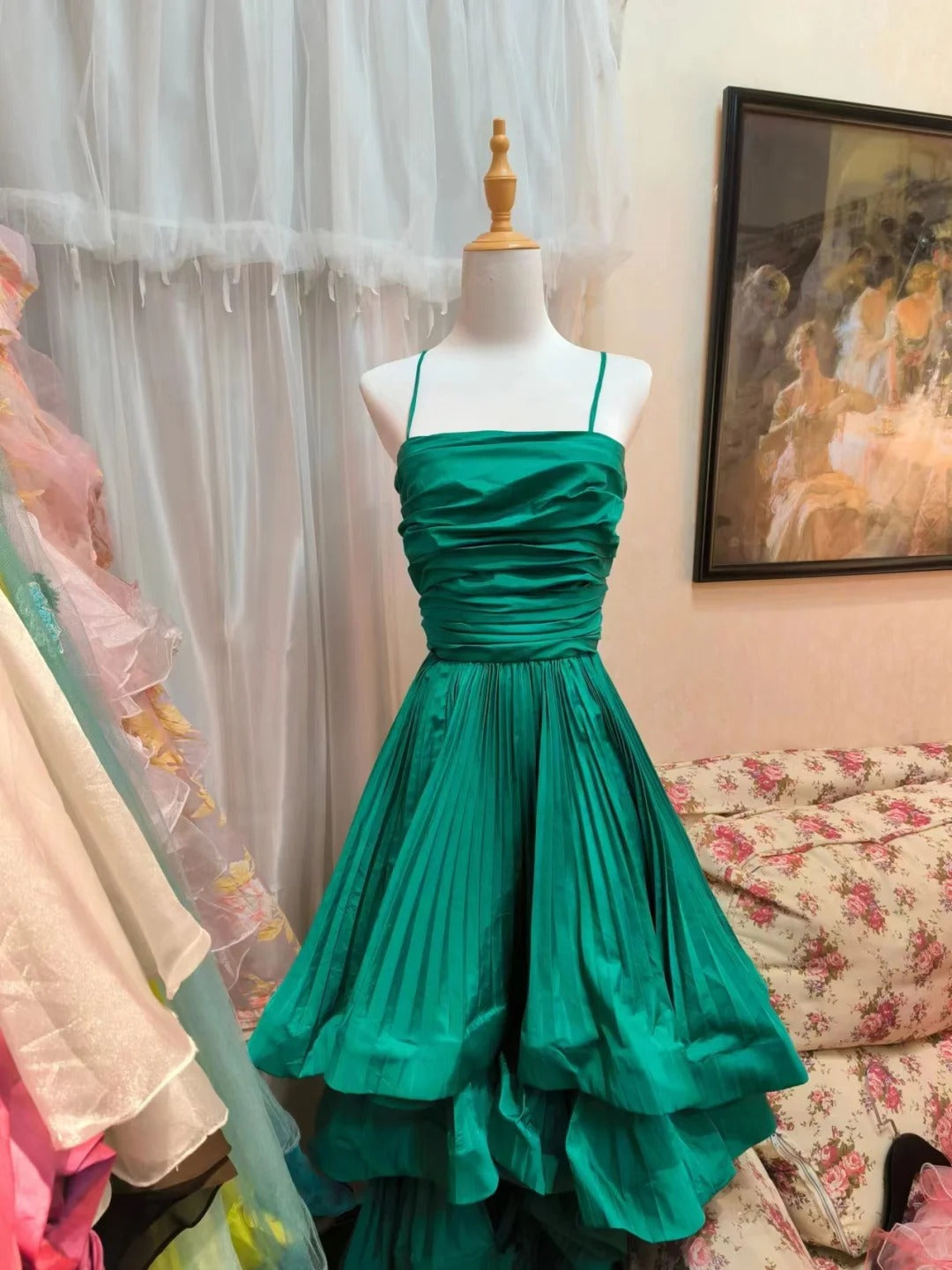 Robe de soirée courte en satin, élégante et vintage, à bretelles, verte, pour bal de promo, anniversaire, gh4149