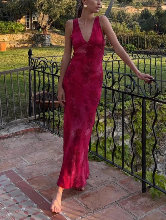 Rosa Mode Elegant Charming V-Ausschnitt Blumendruck Lange Satin Ballkleid Abendkleid Urlaub Party Kleid gh3485