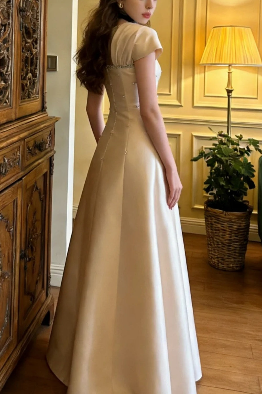 Rosa, perlenbesetztes, langes Satin-Geburtstagskleid im Vintage-Stil, Partykleid, kurzärmeliges Ballkleid, Abendkleid gh7080