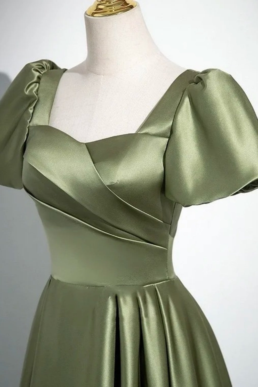 Vintage Olive Green - Square Neck Puff Sleeve Satin Gown, Waisted Flare Socialite Evening Dress  gh7074