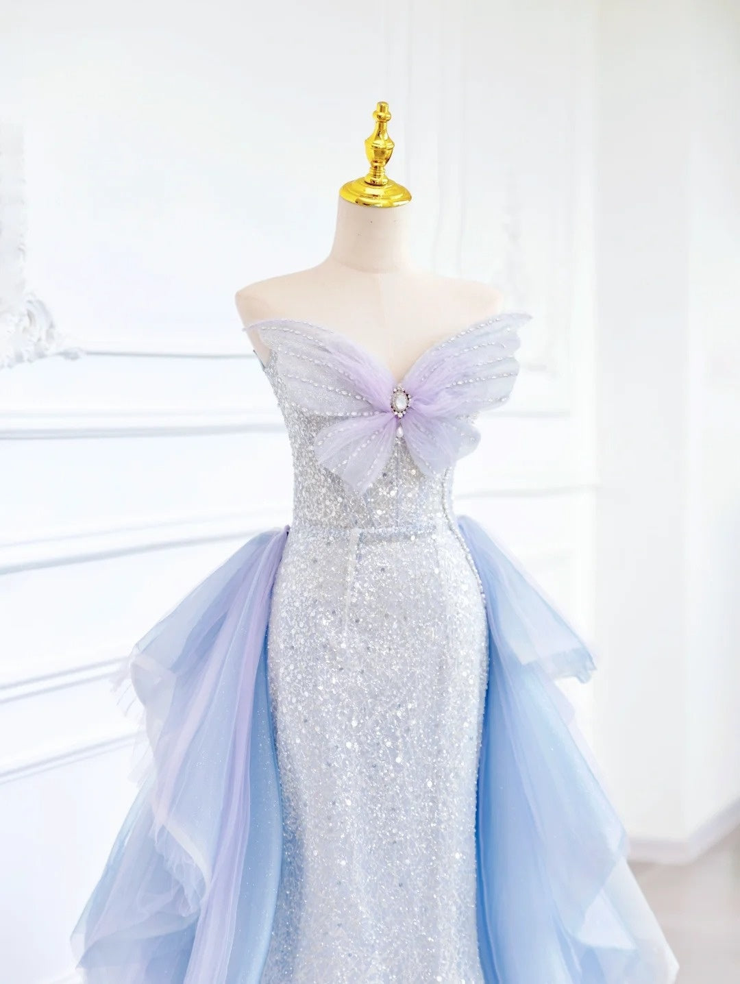 🦋Blue Butterfly Gorgeous Shiny Elegant Sequined Long Mermaid Tulle Ball Gown Evening Dress gh4272