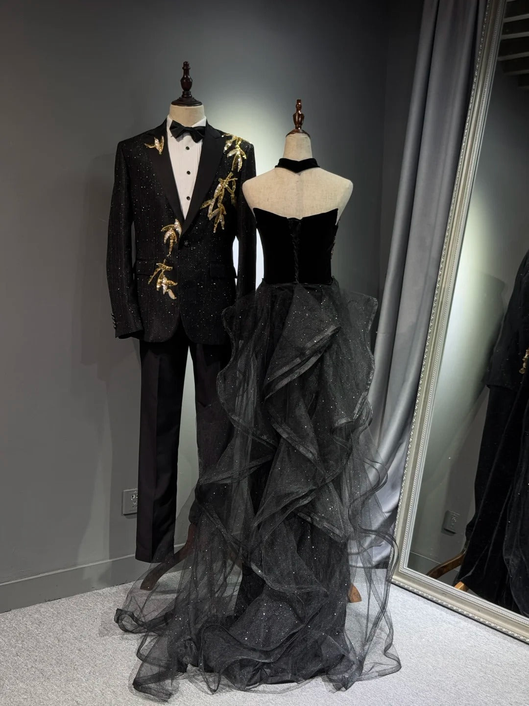 Girlhomeshops - Robe de soirée longue noire brillante et élégante en tulle à paillettes dorées, robe de bal, robe de remise de diplôme gh5108