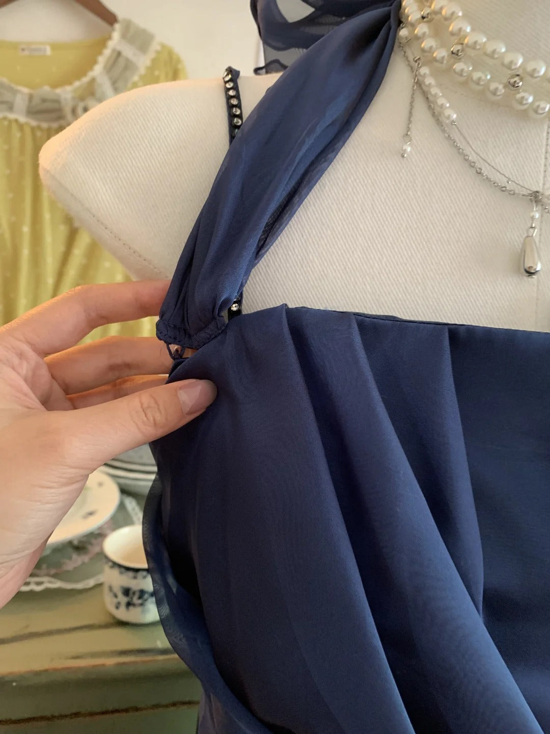 Robe de soirée courte en mousseline de soie et tulle, élégante et scintillante, bleue, pour fête d'anniversaire, bal de promo, gh3921