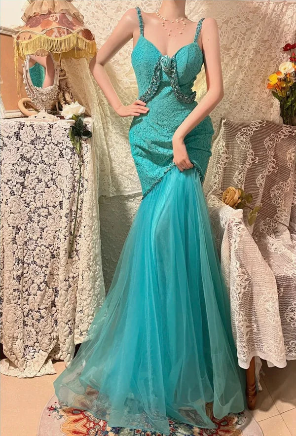 Robe de soirée sirène longue en mousseline de soie et dentelle, rose, perlée, magnifique, gh4443