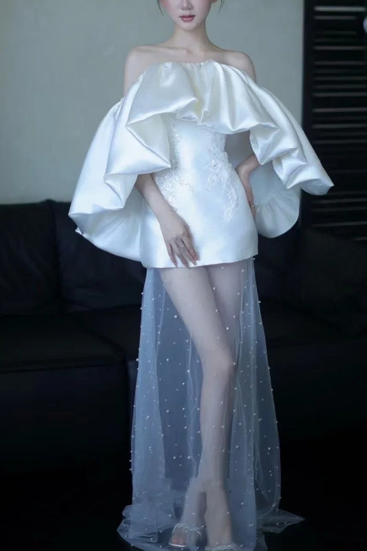 Effortlessly Chic! Oversized Ruffle Satin Gown Beaded Sheer Fairy Dress gh7007