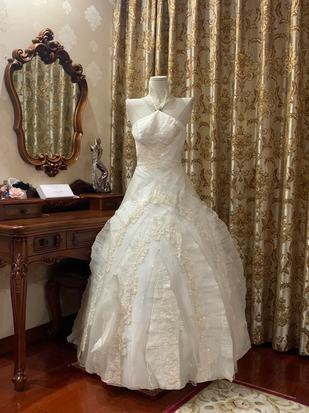Ivory Halter Fitted Waist Slim Voluminous Skirt Prom Gown, Birthday Dress, Bridal Wedding Gown gh7266