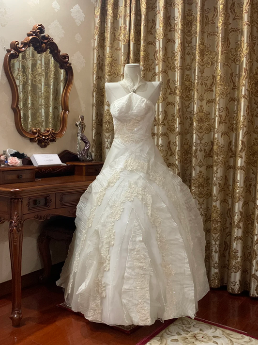 Ivory Halter Fitted Waist Slim Voluminous Skirt Prom Gown, Birthday Dress, Bridal Wedding Gown gh7266