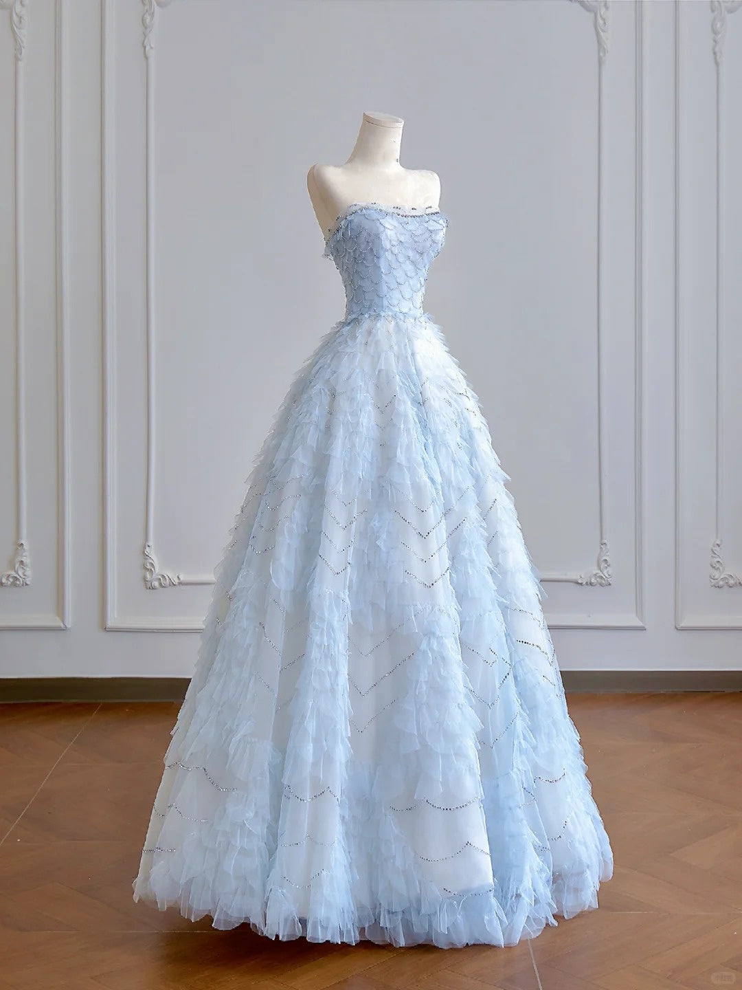 Girlhomeshops – Hellblaues, bodenlanges, feenhaftes Organza-Tüll-Ballkleid, Hochzeitskleid gh5487
