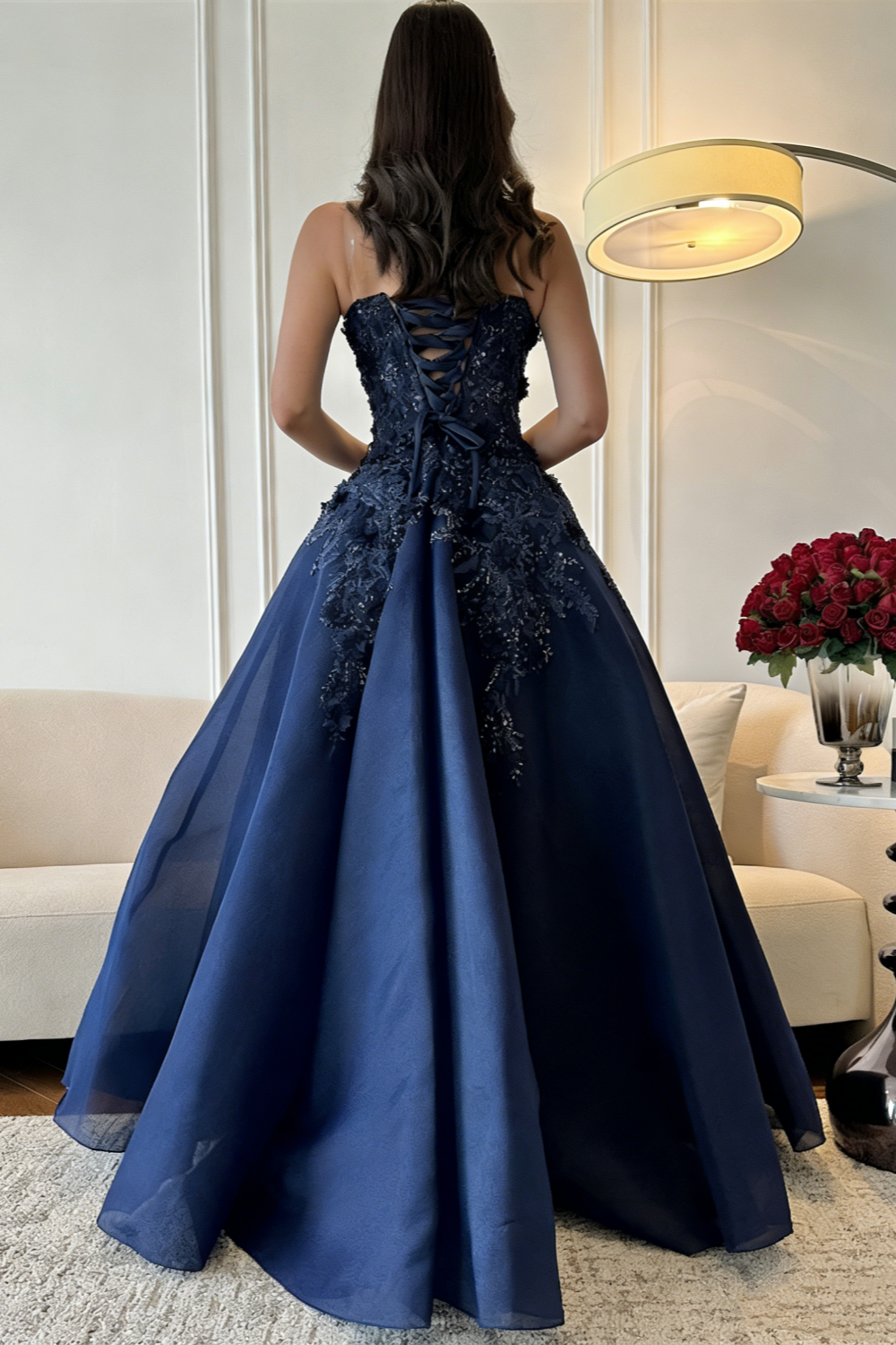 Marineblaues, trägerloses Ballkleid mit 3D-Blumenapplikationen und Perlenstickerei, bodenlanges Abendkleid für formelle Hochzeiten und Abendveranstaltungen gh7098