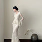 girlhomeshops- Vintage White Lace V-Neck Long Sleeve Mermaid Long Court Style Wedding Gown gh6095