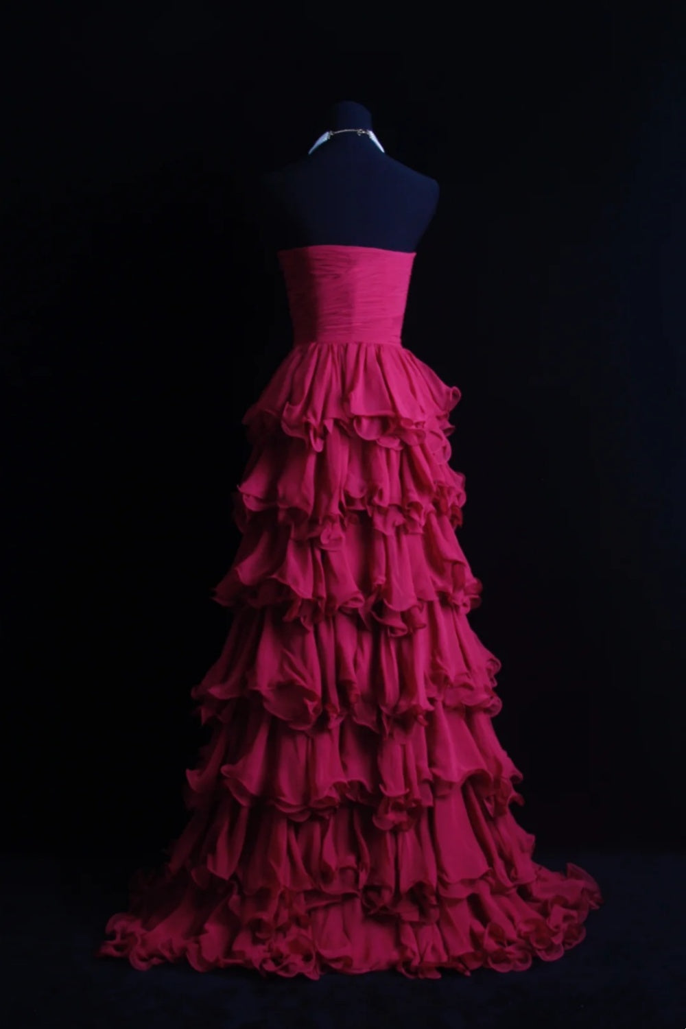 girlhomeshops-Fuchsia Chiffon Ärmelloses bodenlanges gestuftes Rüschen-Abendkleid gh6304