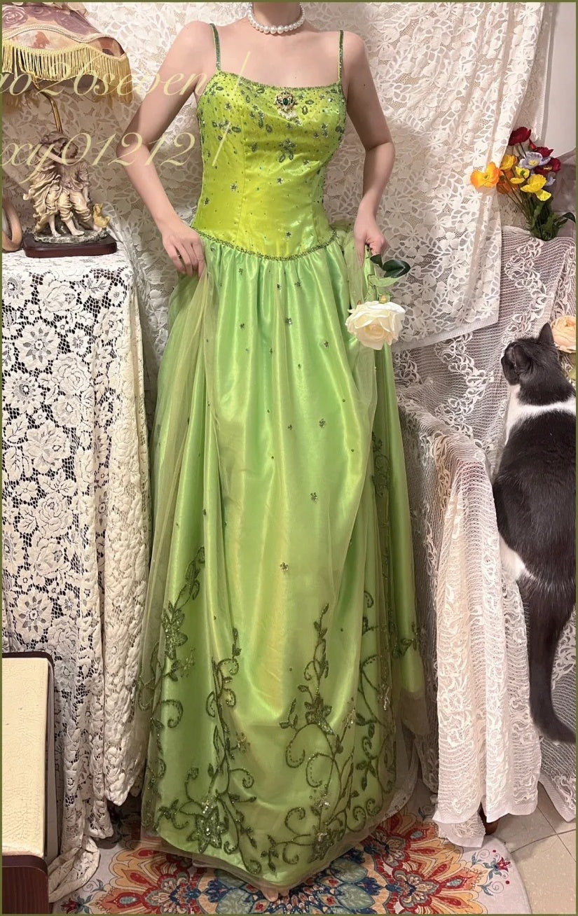Robe de soirée longue en satin et tulle, style vintage, verte, exquise, perlée, motif floral, gh4433