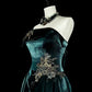 girlhomeshops-Teal Velvet pearled strapless Sleeveless Floor-Long Gothic Gown gh6318